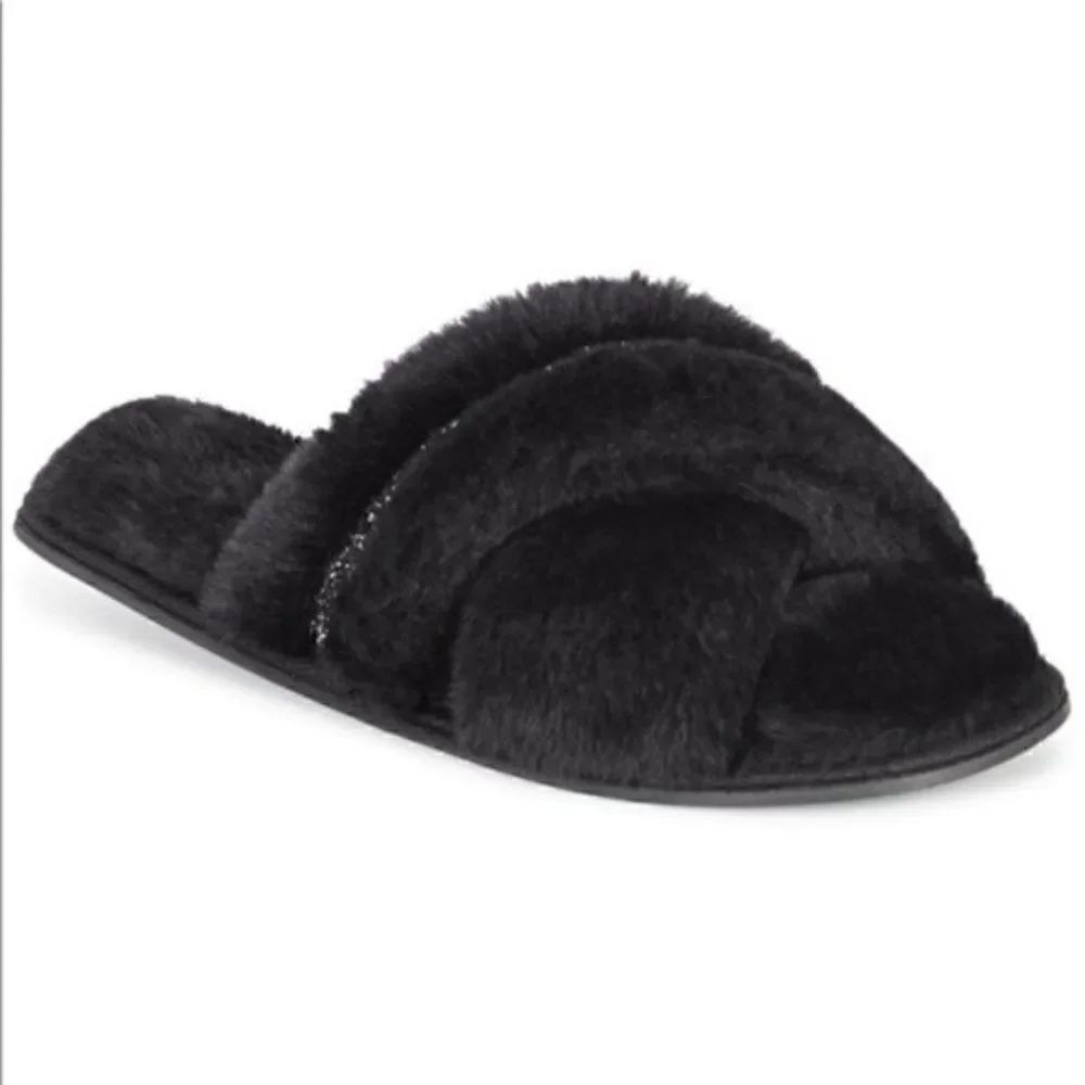 INC Black Faux-Fur Crossband Slippers Slides Women's Extra Large 11-12 New